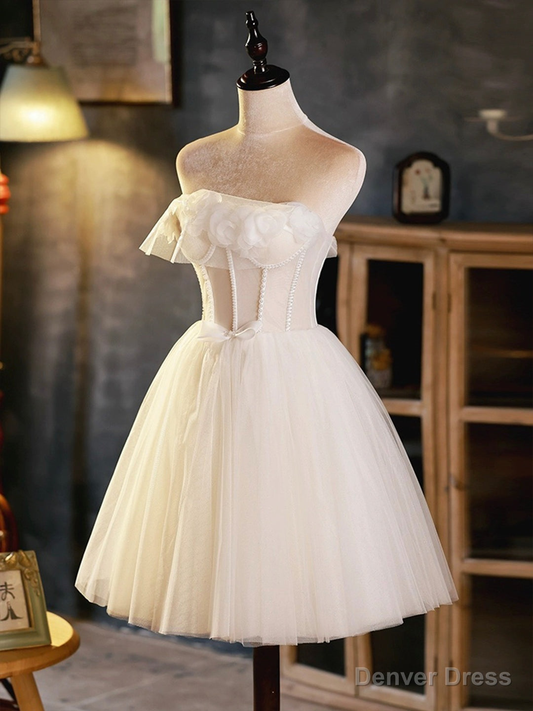 Light Champagne Strapless Tulle Short Prom Dress, Beautiful A-Line Evening Party Dress Secondary image