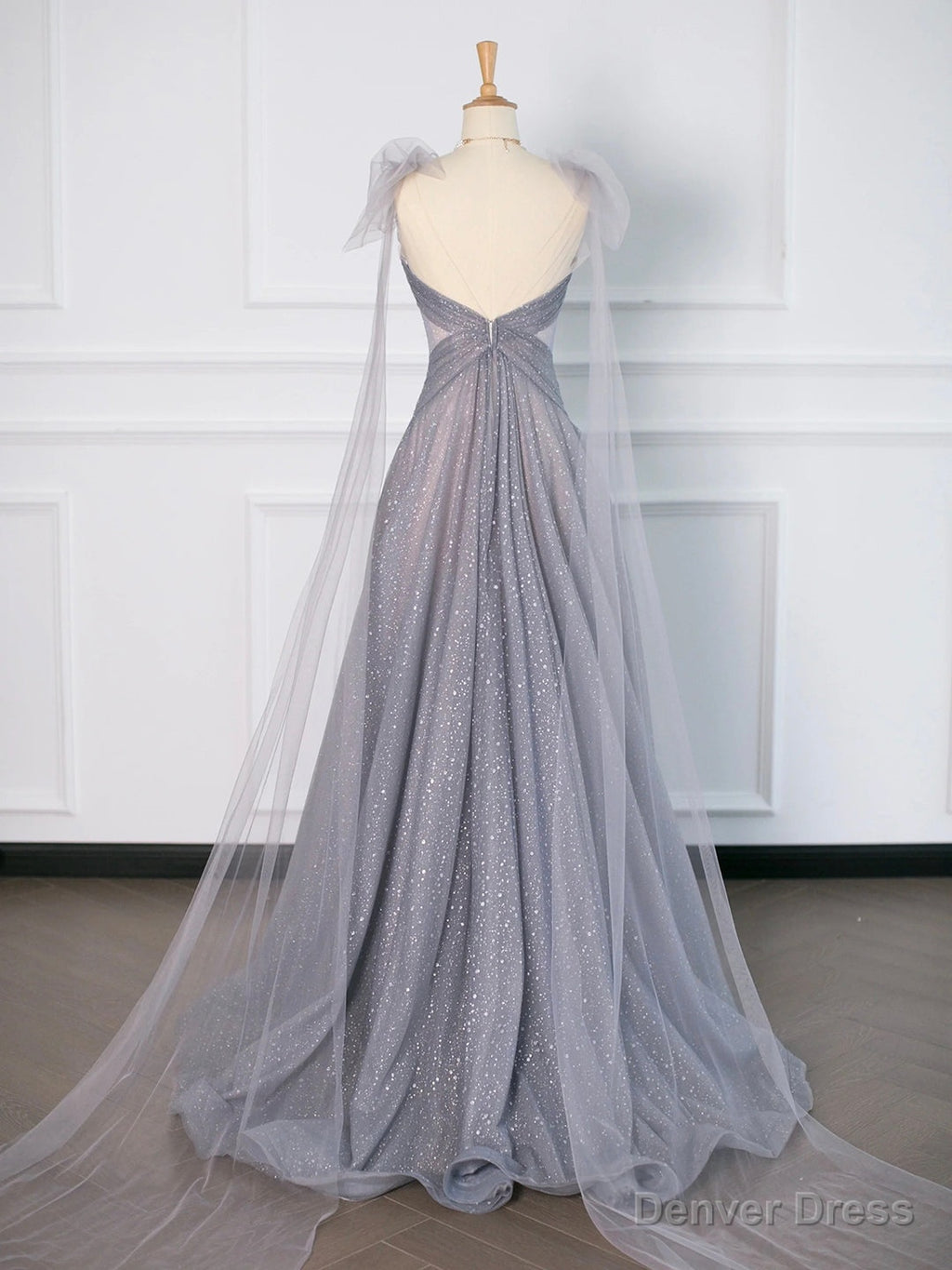 Gray Tulle V Neck Floor Length Prom Dress, A Line Backless Prom Dresses