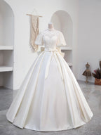 Beautiful Sweetheart Neck Satin Long Prom Dress with Detachable Lace Top, White Prom Wedding Dresses