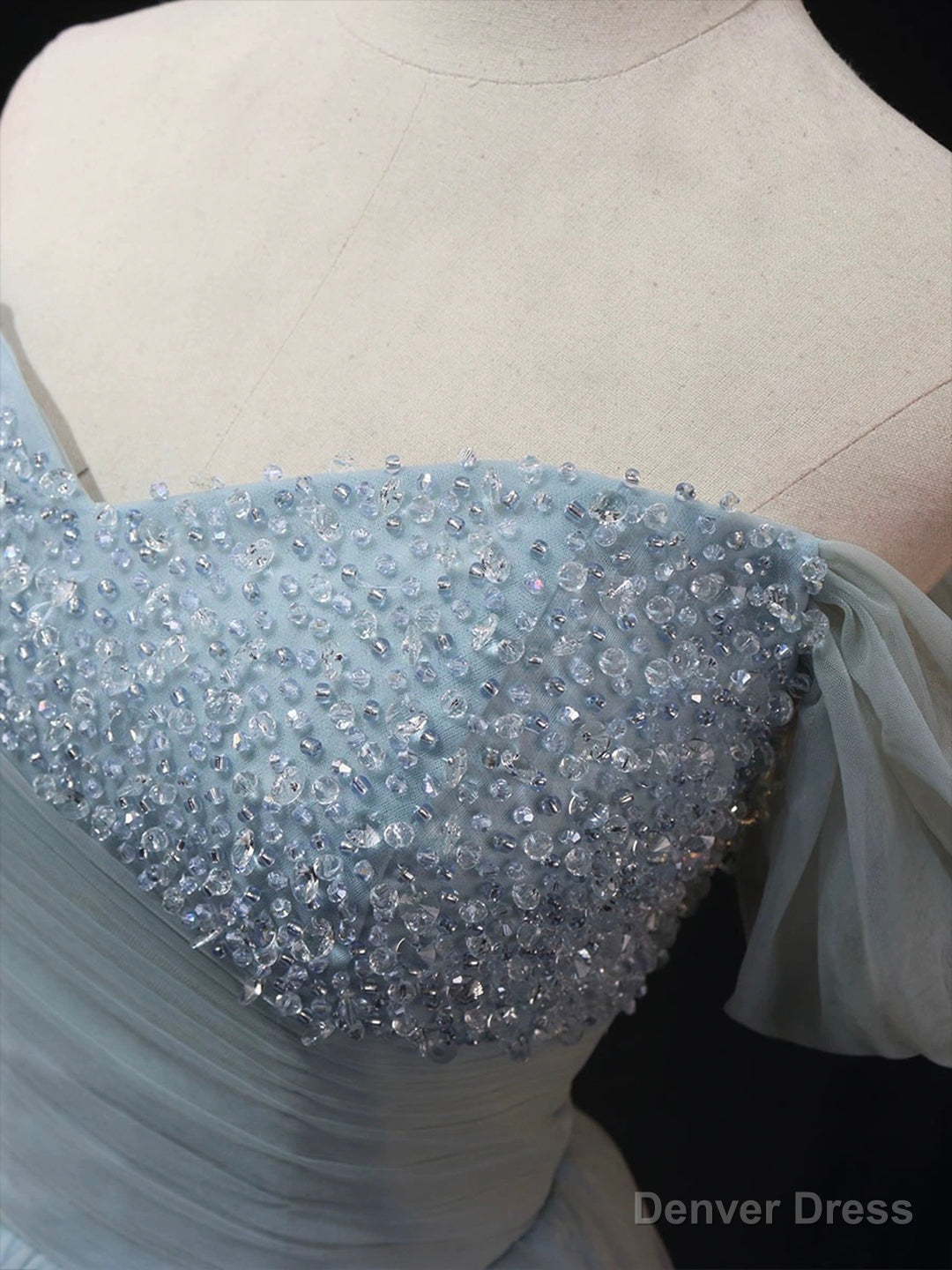 Dusty Blue Tulle Beaded Long Prom Dress, Off the Shoulder A-Line Evening Party Dress