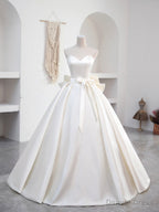 Beautiful Sweetheart Neck Satin Long Prom Dress with Detachable Lace Top, White Prom Wedding Dresses