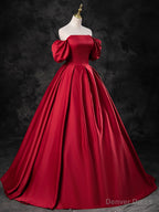 Burgundy Satin Off the Shoulder Formal Dress, A-Line Burgundy Evening Dress