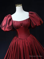 Burgundy Scoop Short Sleeves Party Dress, A-Line Long Evening Dress Prom Dress