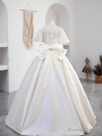 Beautiful Sweetheart Neck Satin Long Prom Dress with Detachable Lace Top, White Prom Wedding Dresses
