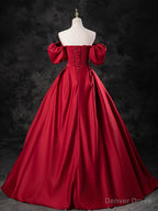 Burgundy Satin Off the Shoulder Formal Dress, A-Line Burgundy Evening Dress