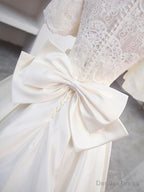 Beautiful Sweetheart Neck Satin Long Prom Dress with Detachable Lace Top, White Prom Wedding Dresses