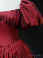 Burgundy Scoop Short Sleeves Party Dress, A-Line Long Evening Dress Prom Dress