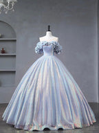Blue Tulle Sequins Long Formal Dress, Off the Shoulder Princess Dress Sweet 16 Dress