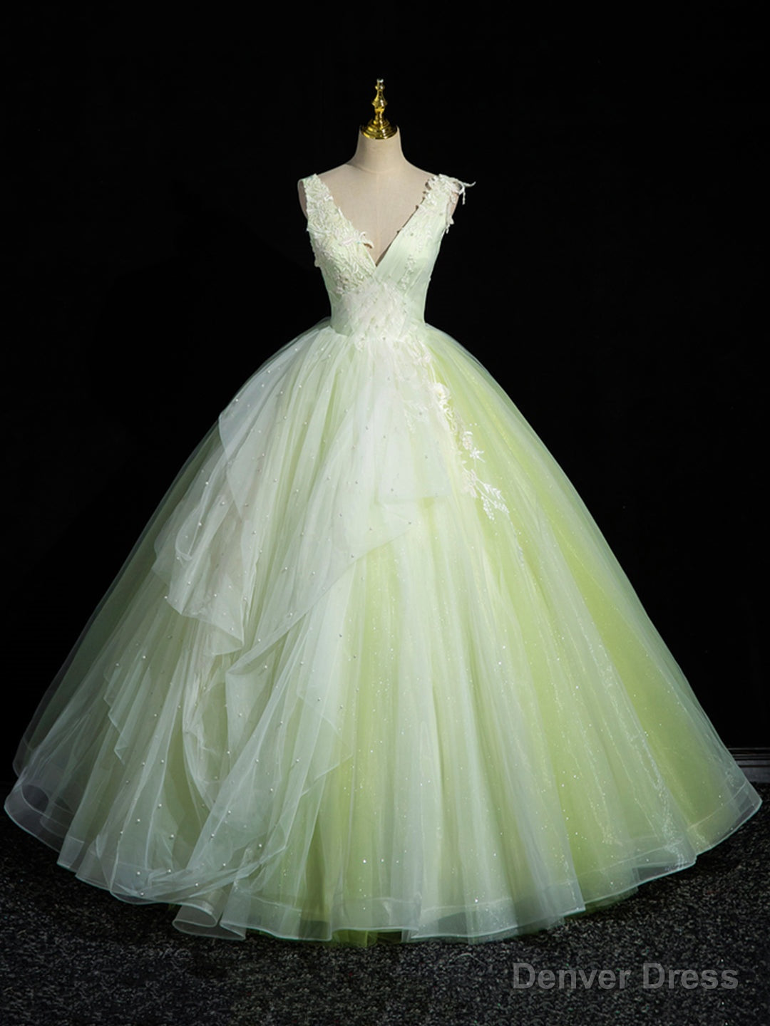 Green V-Neck Tulle Lace Long Prom Dress, A-Line Sleeveless Evening Dress