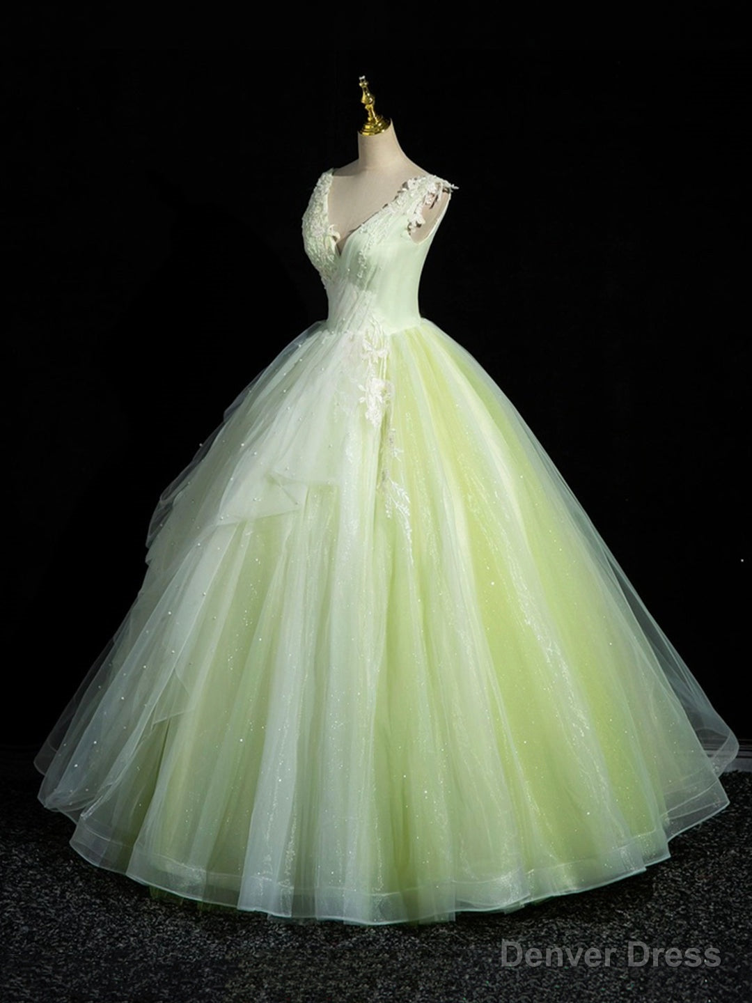 Green V-Neck Tulle Lace Long Prom Dress, A-Line Sleeveless Evening Dress