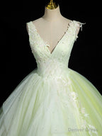 Green V-Neck Tulle Lace Long Prom Dress, A-Line Sleeveless Evening Dress
