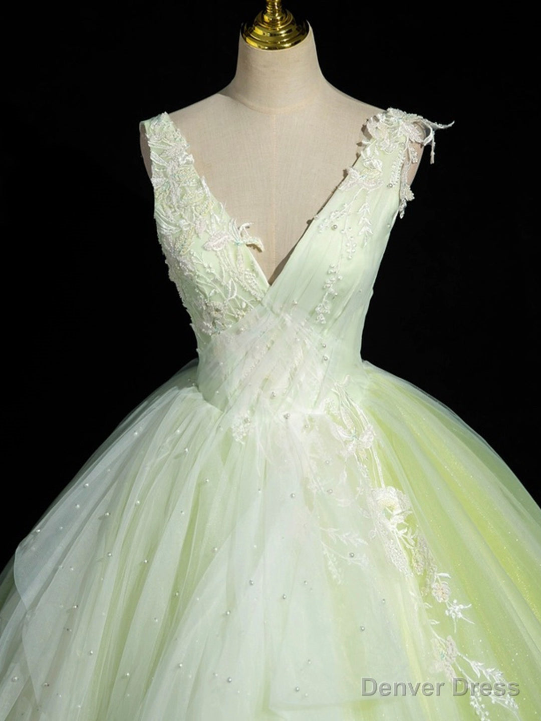Green V-Neck Tulle Lace Long Prom Dress, A-Line Sleeveless Evening Dress