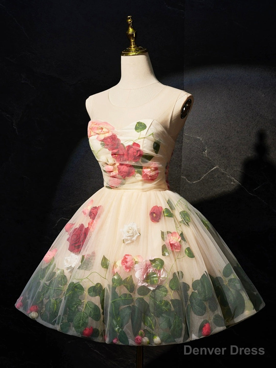 Champagne Scoop Neck Short Prom Dress with Flowers, Cute A Line Prom Dresses