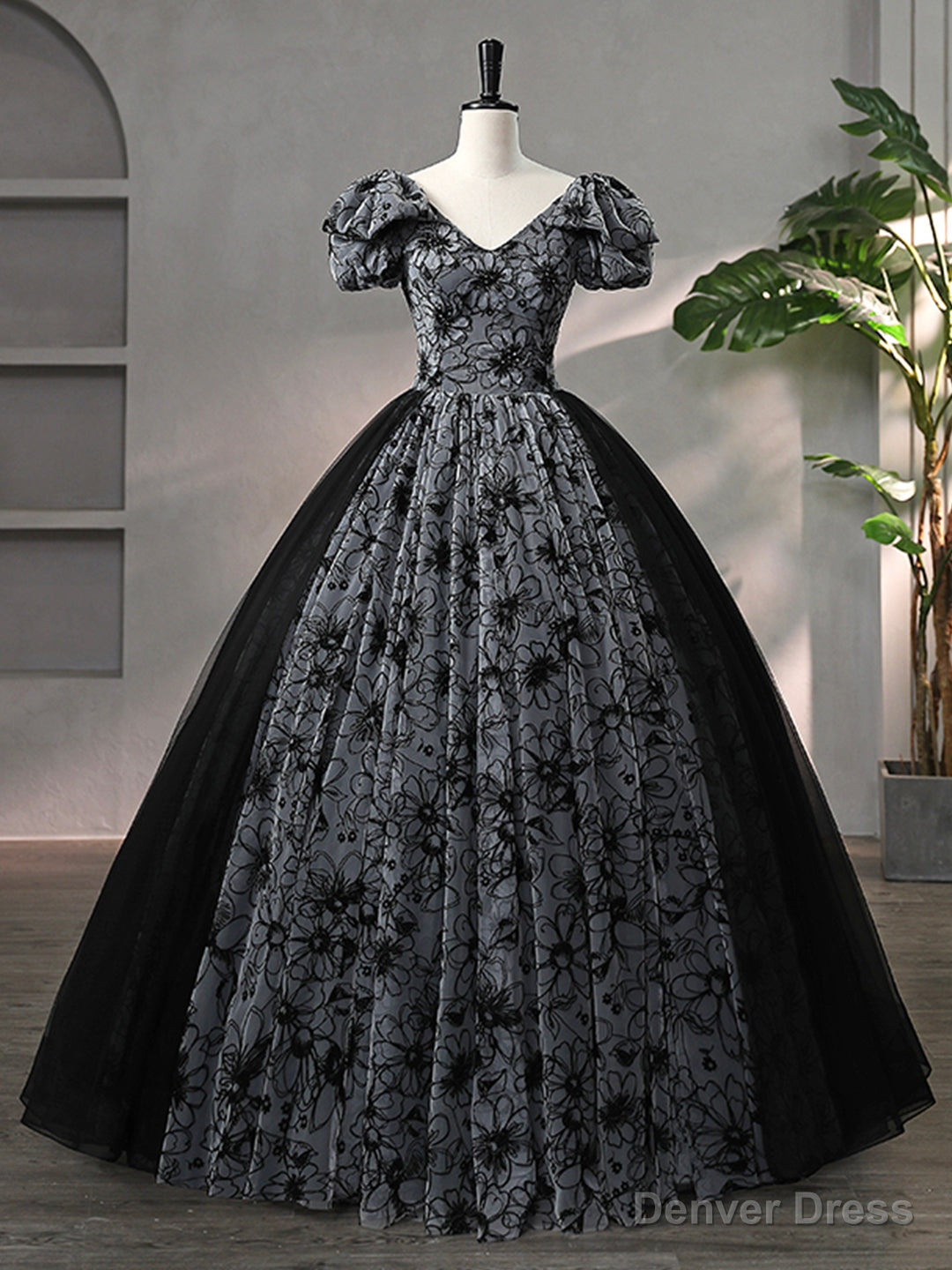 Beautiful Black Rhinestone Flower Prom Dress, Black V Neck Short Sleeve Prom Dresses