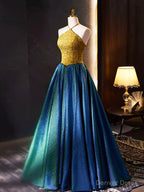 Retro Halter Neck Long Prom Dress, Elegant A-Line Evening Party Dress