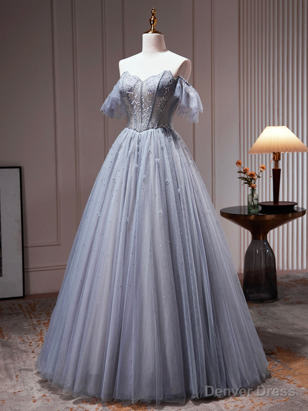Gray Tulle Off Shoulder Beaded Party Dress, A-Line Tulle Formal Dress Prom Dress Main image