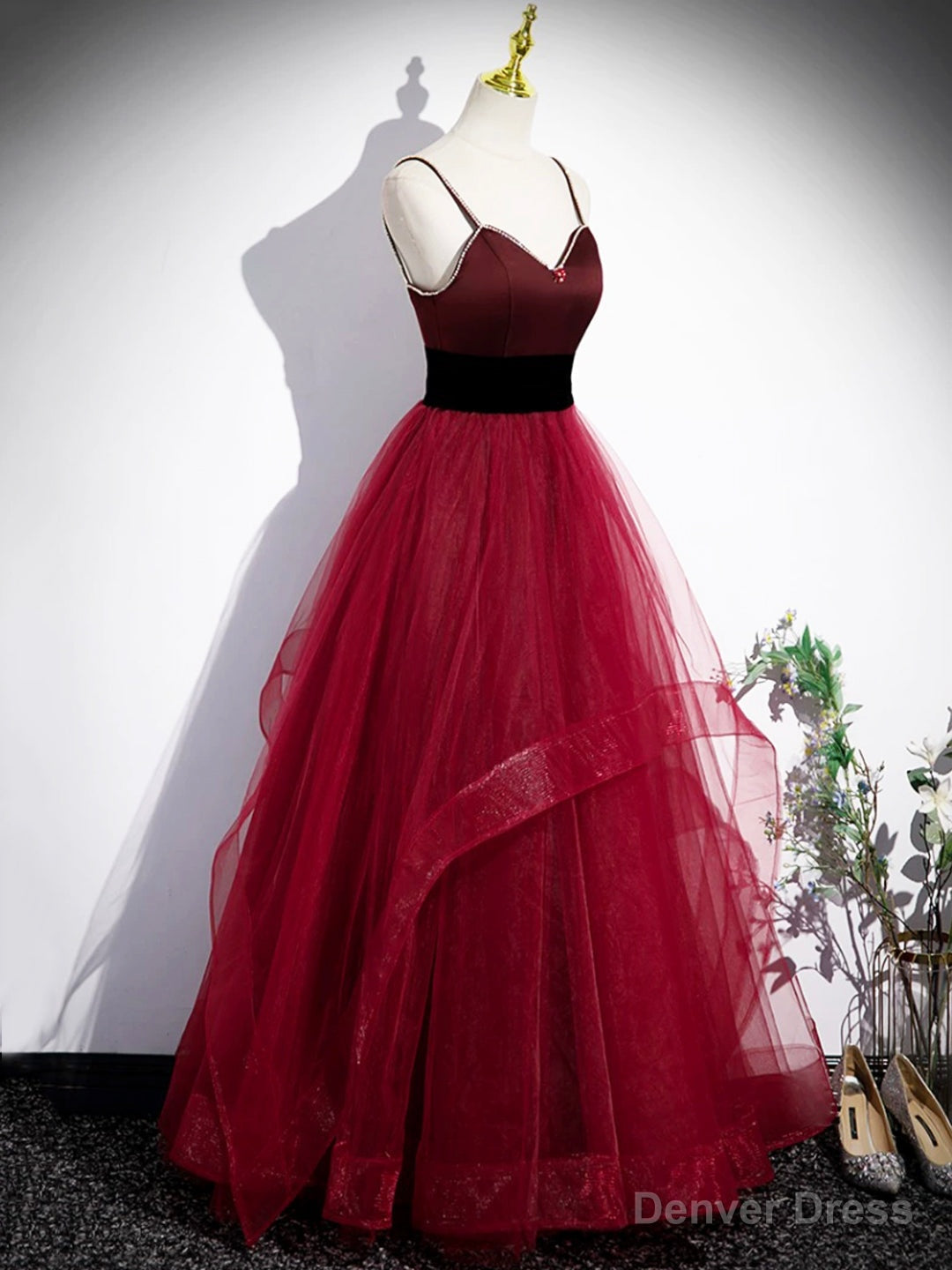 Burgundy Spaghetti Strap Tulle Long Corset Prom Dress, A-Line Evening Party Dress Main image