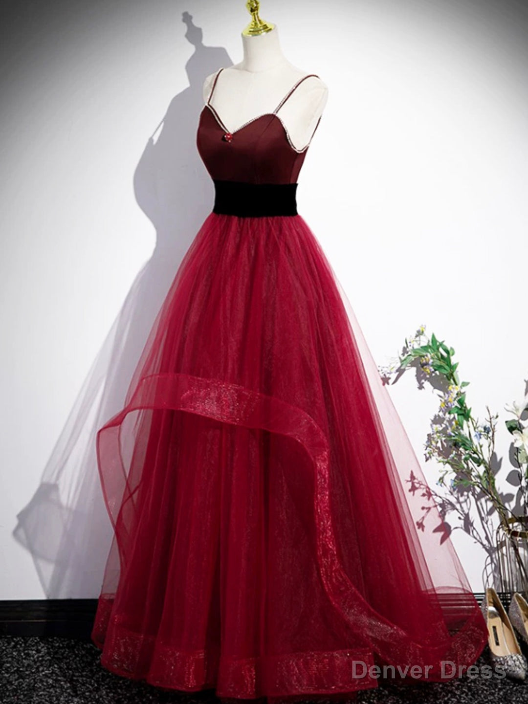 Burgundy Spaghetti Strap Tulle Long Corset Prom Dress, A-Line Evening Party Dress Secondary image