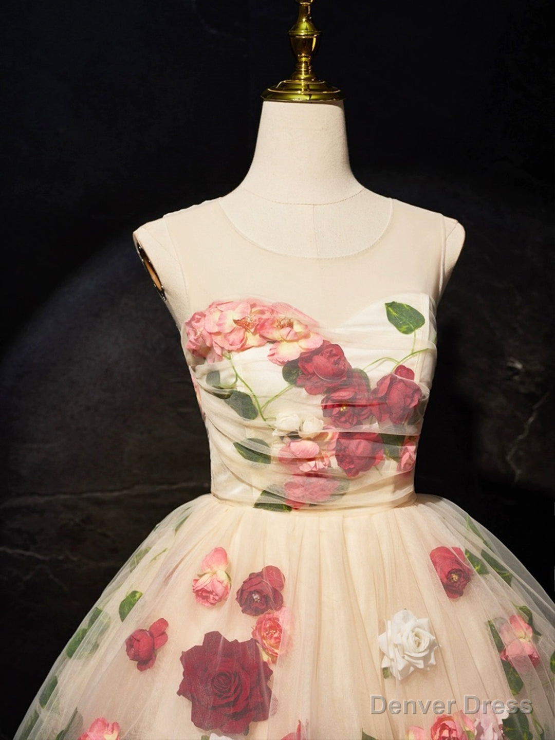 Champagne Scoop Neck Short Prom Dress with Flowers, Cute A Line Prom Dresses