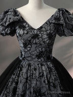 Beautiful Black Rhinestone Flower Prom Dress, Black V Neck Short Sleeve Prom Dresses