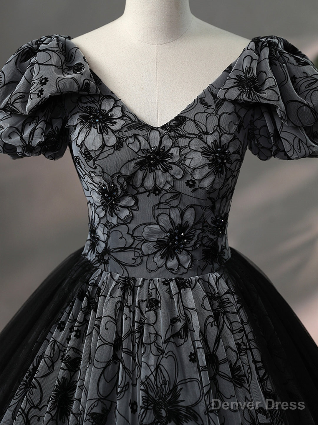 Beautiful Black Rhinestone Flower Prom Dress, Black V Neck Short Sleeve Prom Dresses