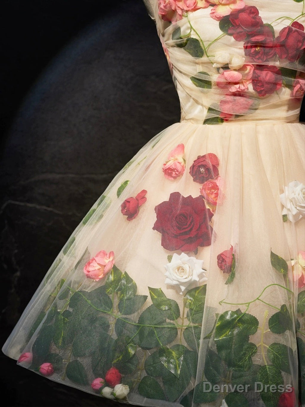 Champagne Scoop Neck Short Prom Dress with Flowers, Cute A Line Prom Dresses