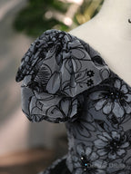 Beautiful Black Rhinestone Flower Prom Dress, Black V Neck Short Sleeve Prom Dresses