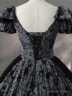 Beautiful Black Rhinestone Flower Prom Dress, Black V Neck Short Sleeve Prom Dresses