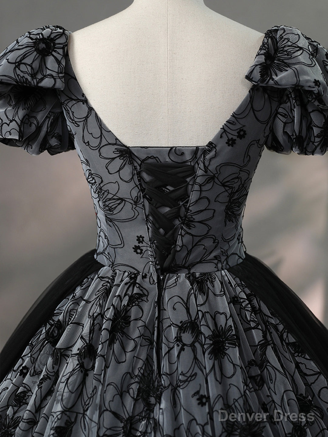 Beautiful Black Rhinestone Flower Prom Dress, Black V Neck Short Sleeve Prom Dresses