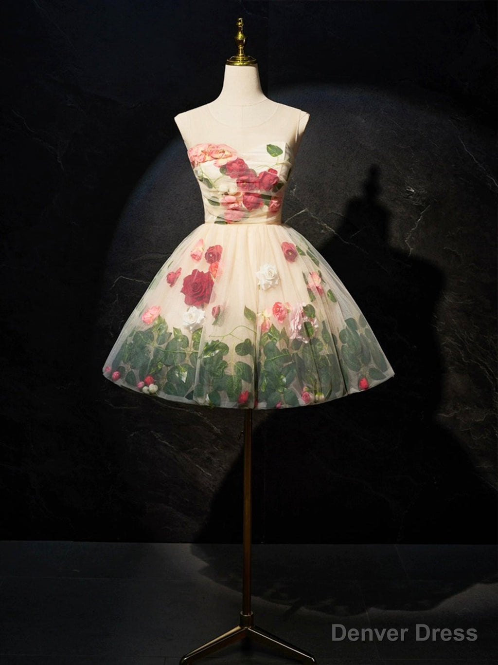 Champagne Scoop Neck Short Prom Dress with Flowers, Cute A Line Prom Dresses