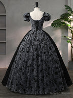 Beautiful Black Rhinestone Flower Prom Dress, Black V Neck Short Sleeve Prom Dresses