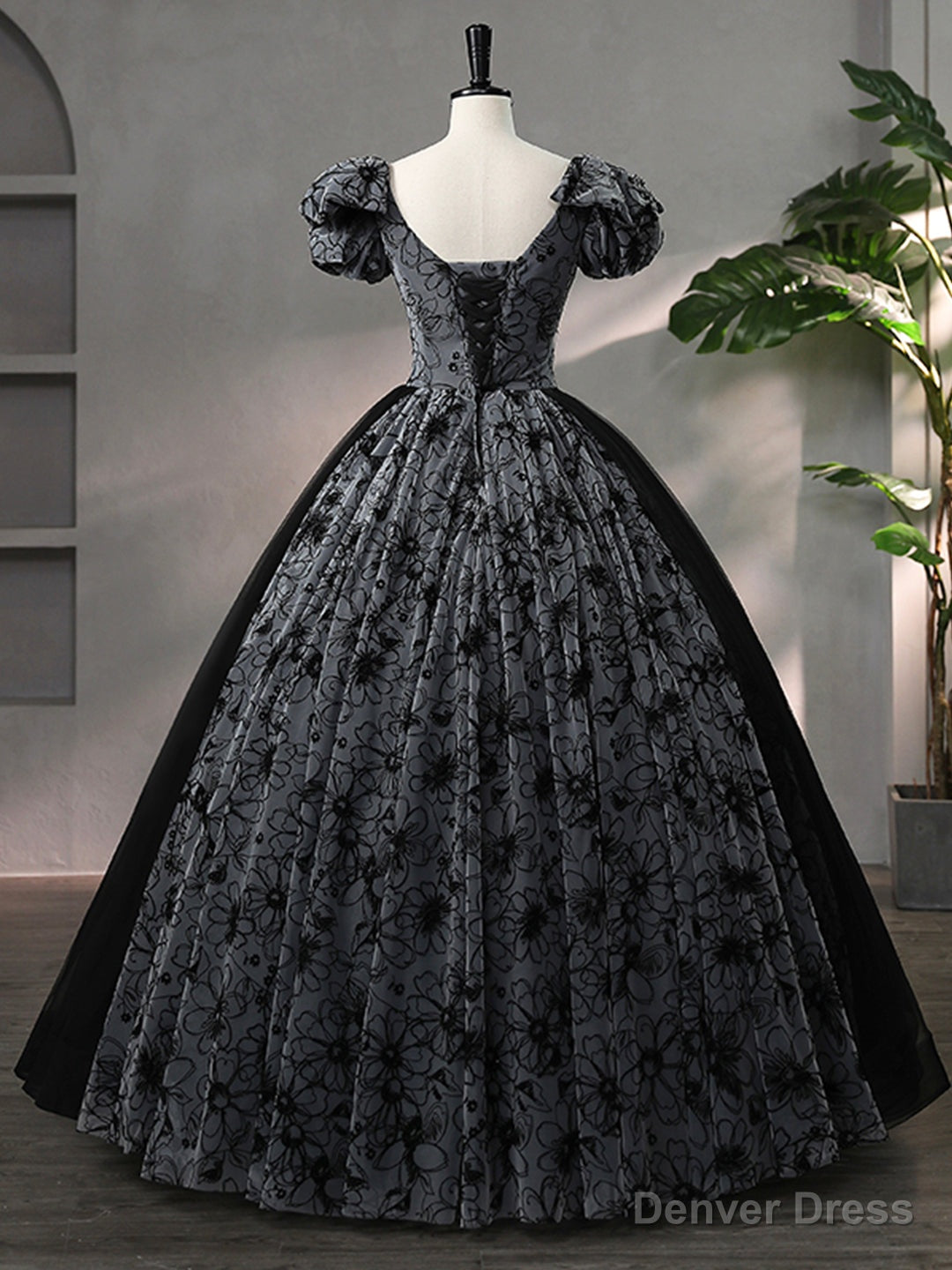 Beautiful Black Rhinestone Flower Prom Dress, Black V Neck Short Sleeve Prom Dresses