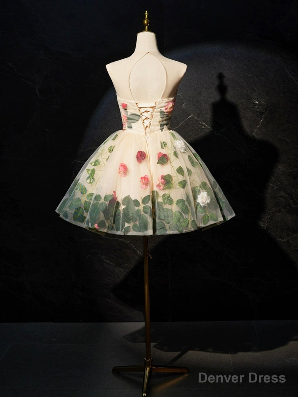 Champagne Scoop Neck Short Prom Dress with Flowers, Cute A Line Prom Dresses