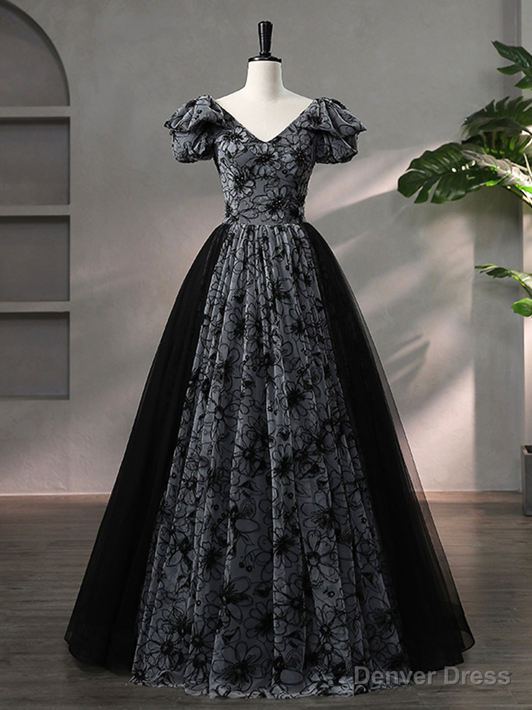 Beautiful Black Rhinestone Flower Prom Dress, Black V Neck Short Sleeve Prom Dresses
