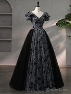 Beautiful Black Rhinestone Flower Prom Dress, Black V Neck Short Sleeve Prom Dresses