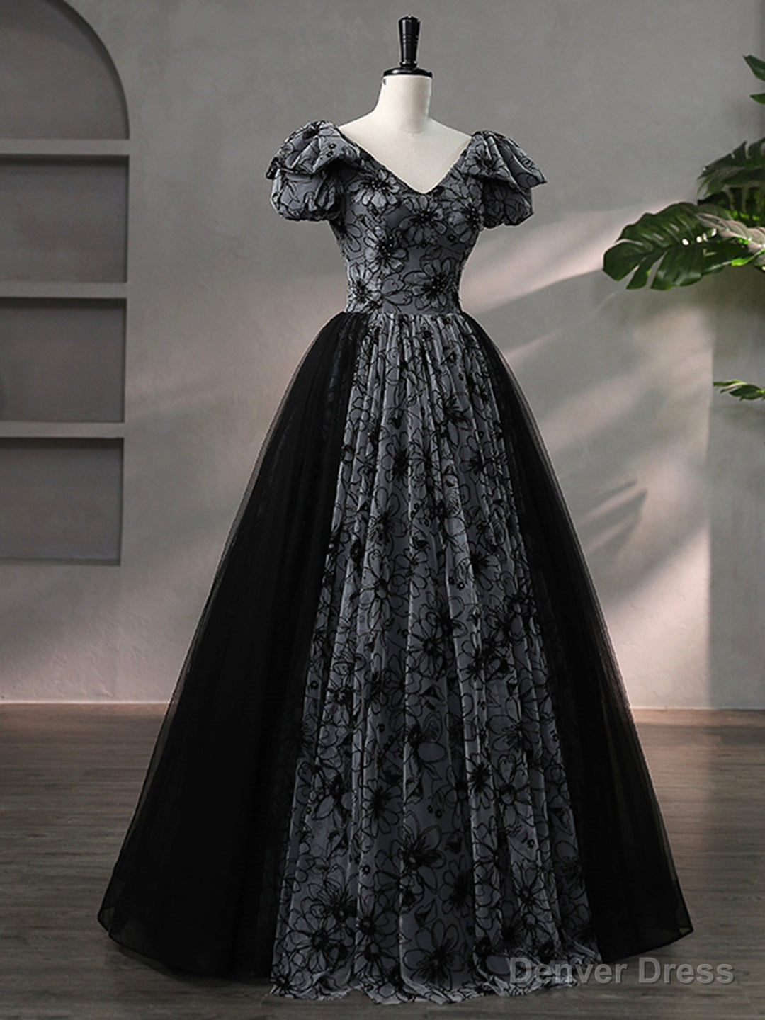 Beautiful Black Rhinestone Flower Prom Dress, Black V Neck Short Sleeve Prom Dresses
