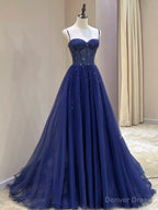 Blue Spaghetti Straps Tulle Beaded Long Prom Dress, Blue A Line Prom Dresses with Corset
