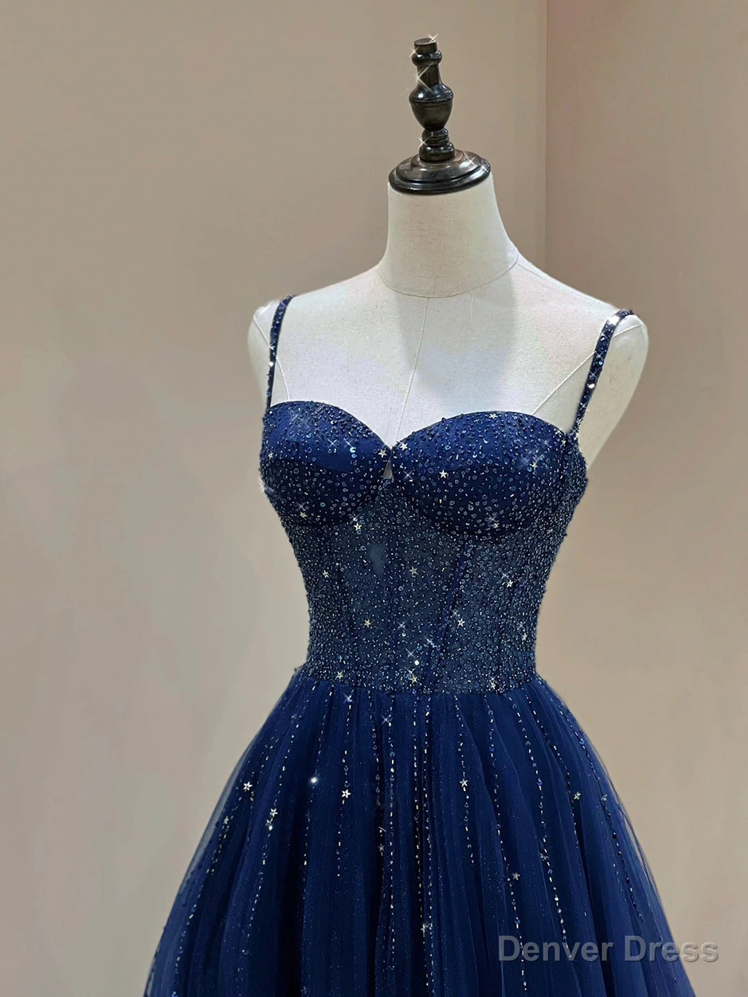 Blue Spaghetti Straps Tulle Beaded Long Formal Dress, Blue A-Line Evening Dress with Corset Secondary image