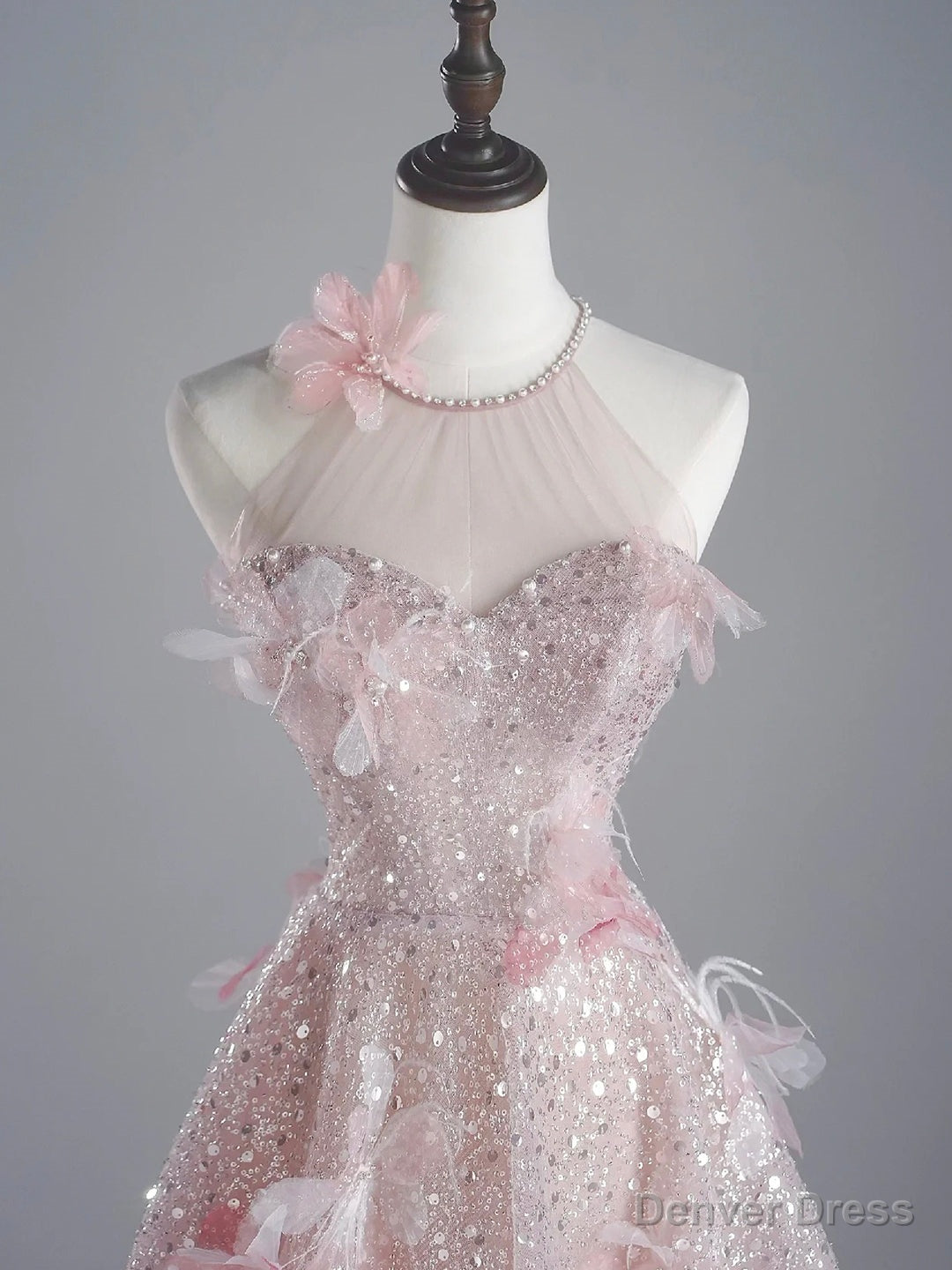 Pink Halter Shiny Tulle Long Prom Dress, Pink Tulle Prom Dresses with Flowers