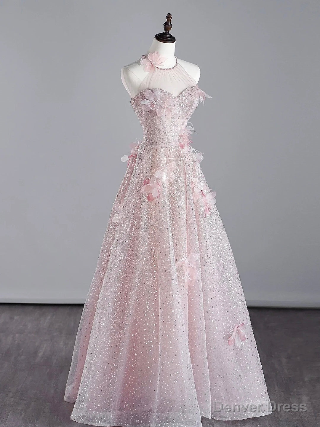 Pink Halter Shiny Tulle Long Prom Dress, Pink Tulle Prom Dresses with Flowers Secondary image