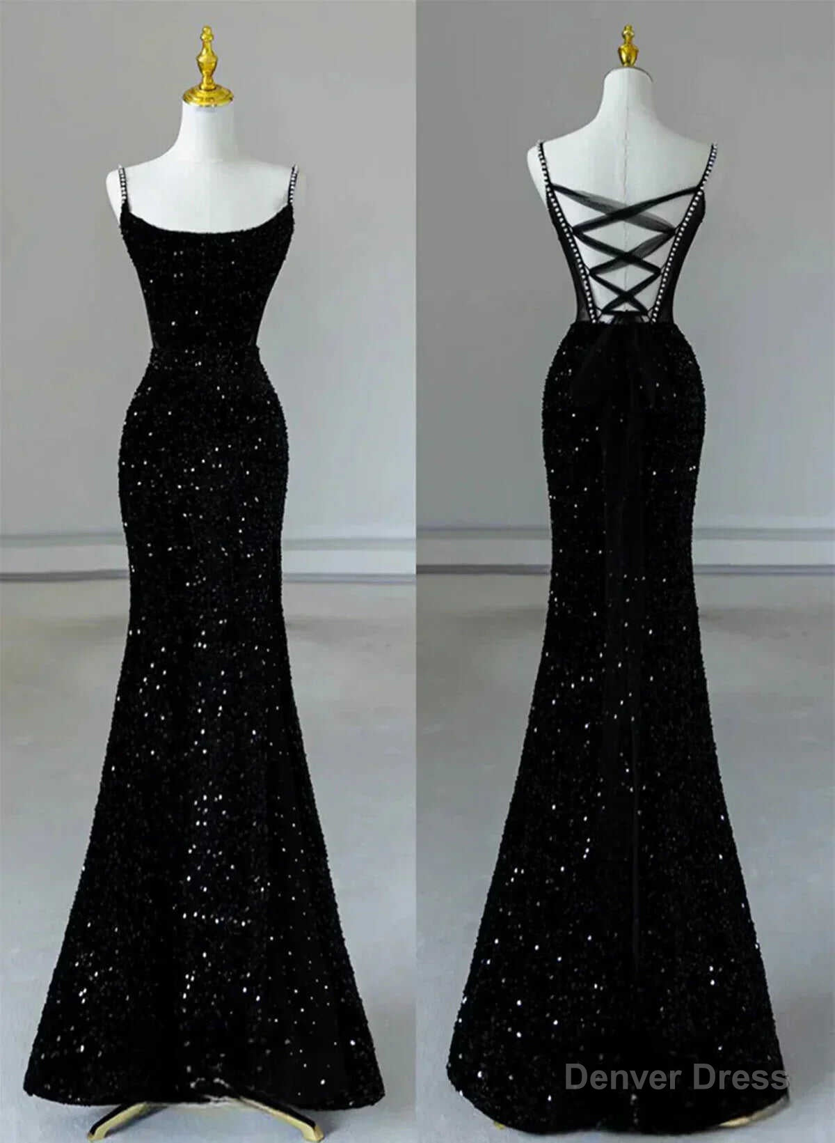 Black Mermaid Sequins Long Formal Dress, Black Straps Long Evening Dress Main image