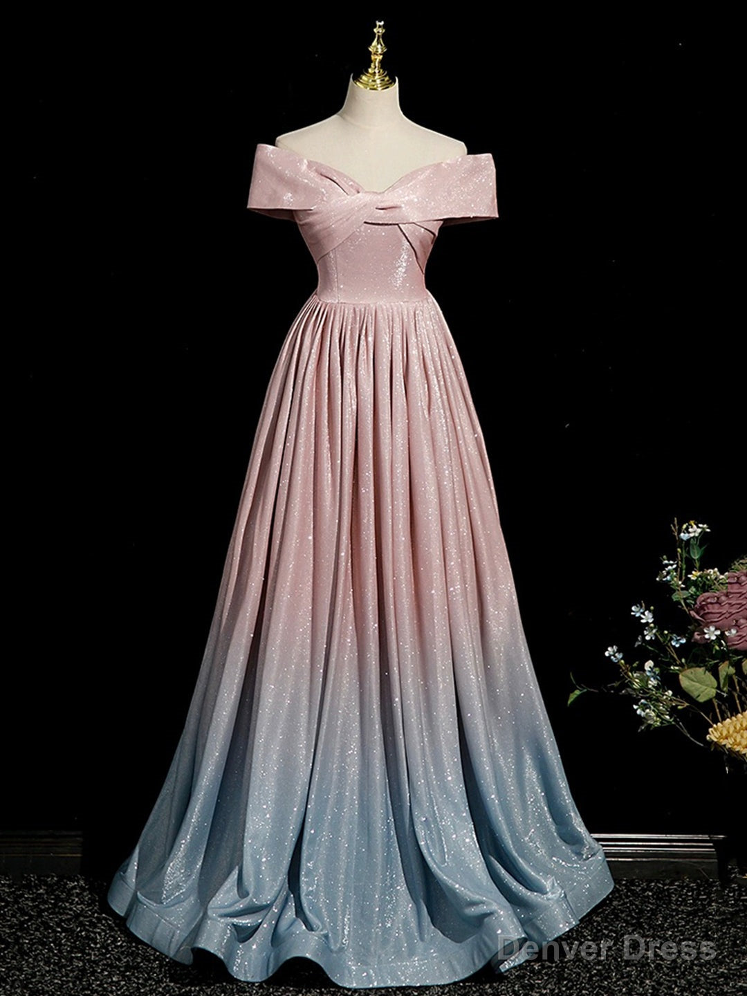 Pink Gradient Shiny Floor Length Prom Dress, Off Shoulder A Line Prom Dresses Main image