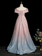 Pink Gradient Shiny Floor Length Prom Dress, Off Shoulder A Line Prom Dresses