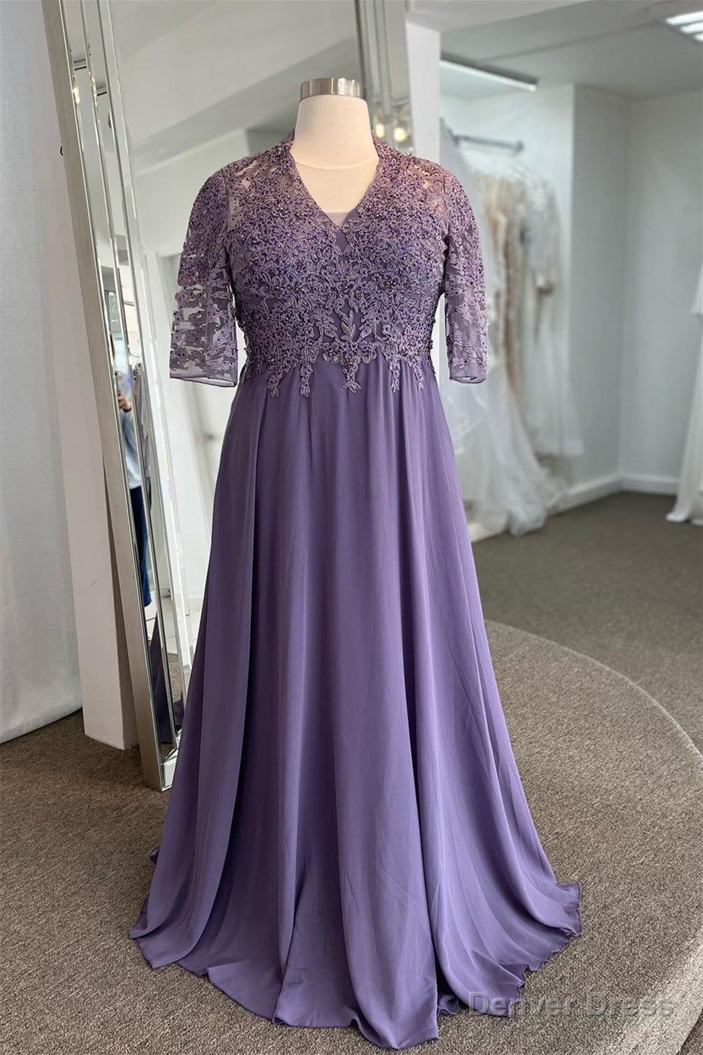 Lavender V Neck Sleeves Beaded Appliques Long Formal Dress Main image