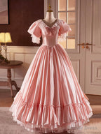 Pink Satin Lace Long Prom Dress, Beautiful A Line V Neck Prom Dresses