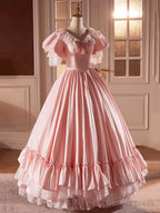 Pink Satin Lace Long Prom Dress, Beautiful A Line V Neck Prom Dresses