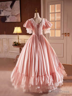 Pink Satin Lace Long Prom Dress, Beautiful A Line V Neck Prom Dresses