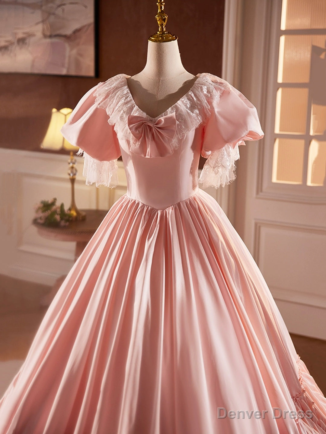 Pink Satin Lace Long Prom Dress, Beautiful A Line V Neck Prom Dresses