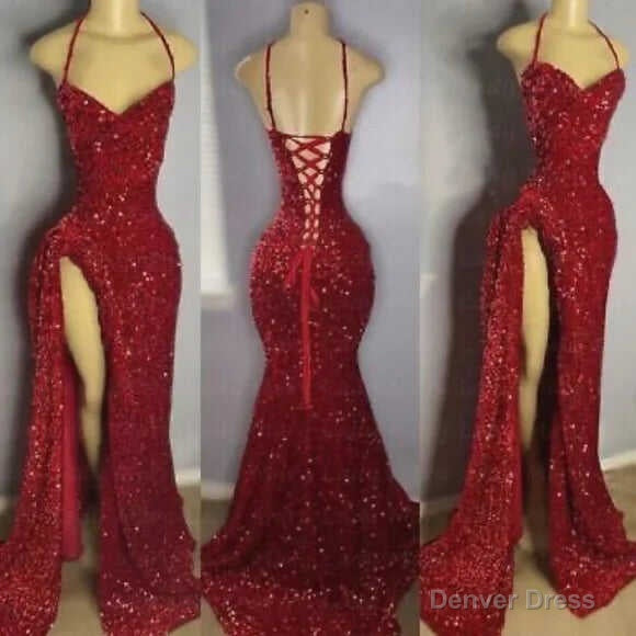 Red Sequin Halter Prom Gowns