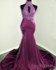 Magenta Mermaid Lace Applique Halter Prom Dresses